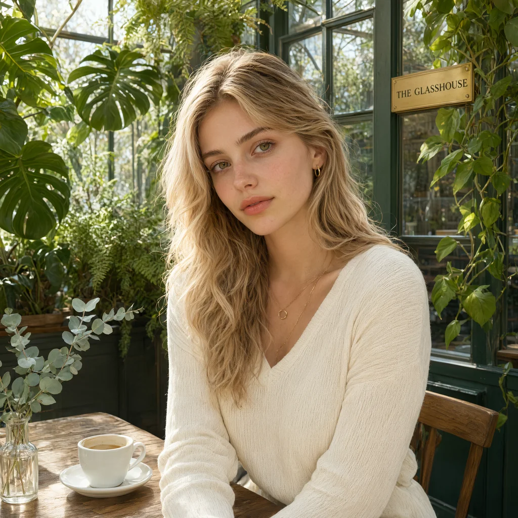 Woman with coffee in a sunlit glasshouse cafe, generated by Qwen Image 3