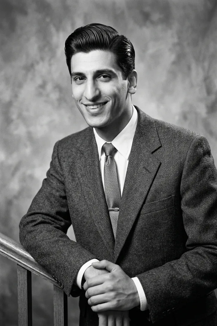 The same man as a 1950s black and white studio portrait