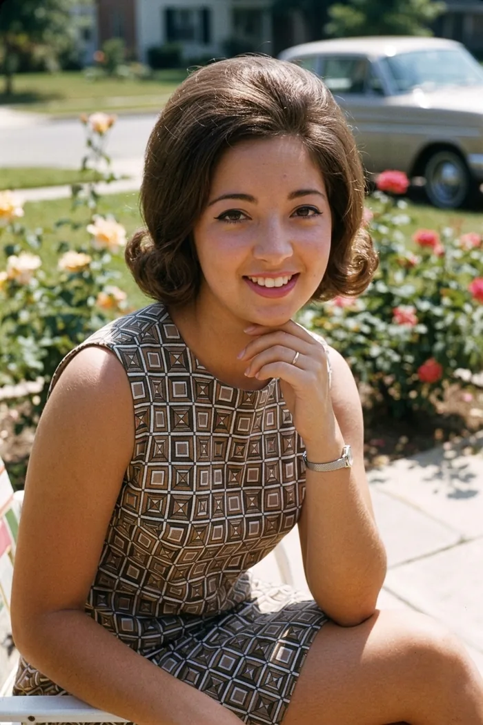 The same woman in a 1960s Kodachrome garden snapshot