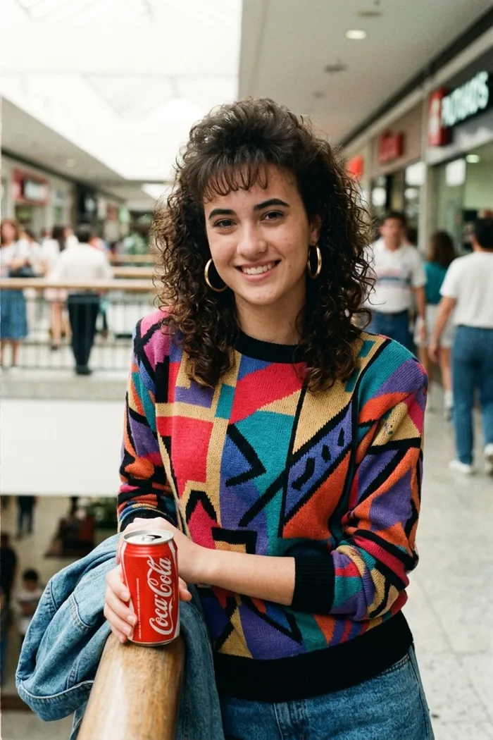 The same woman in an 1980s mall photo with a geometric jumper and hoop earrings