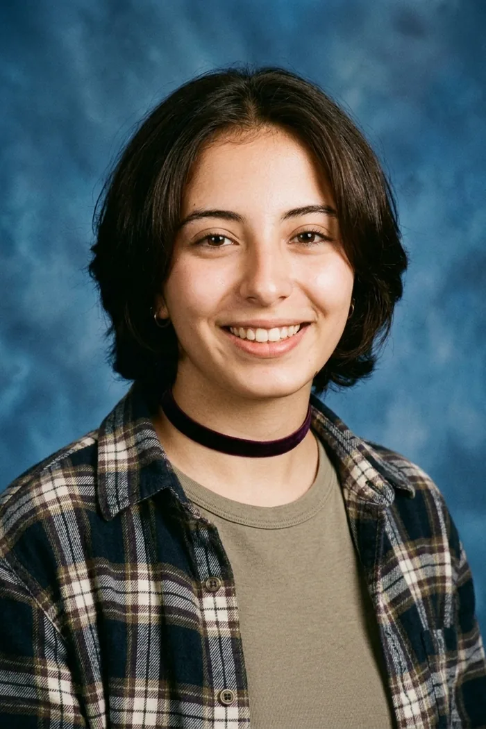 The same woman as a 1990s yearbook photo with flannel and a choker