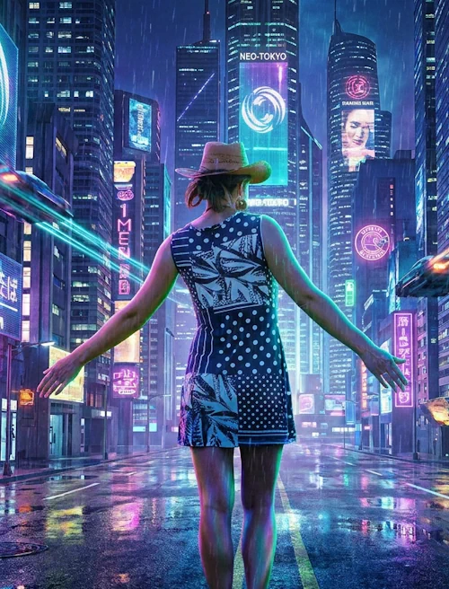 AI edited portrait of the same woman walking through a cyberpunk city