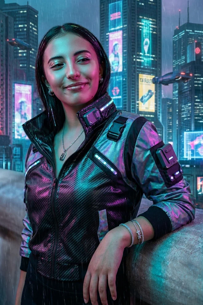 Cyberpunk portrait sample with neon bi-colour lighting and futuristic fashion