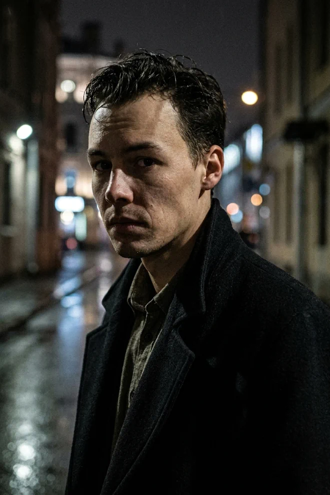 Film noir portrait sample with hard shadows and cinematic contrast