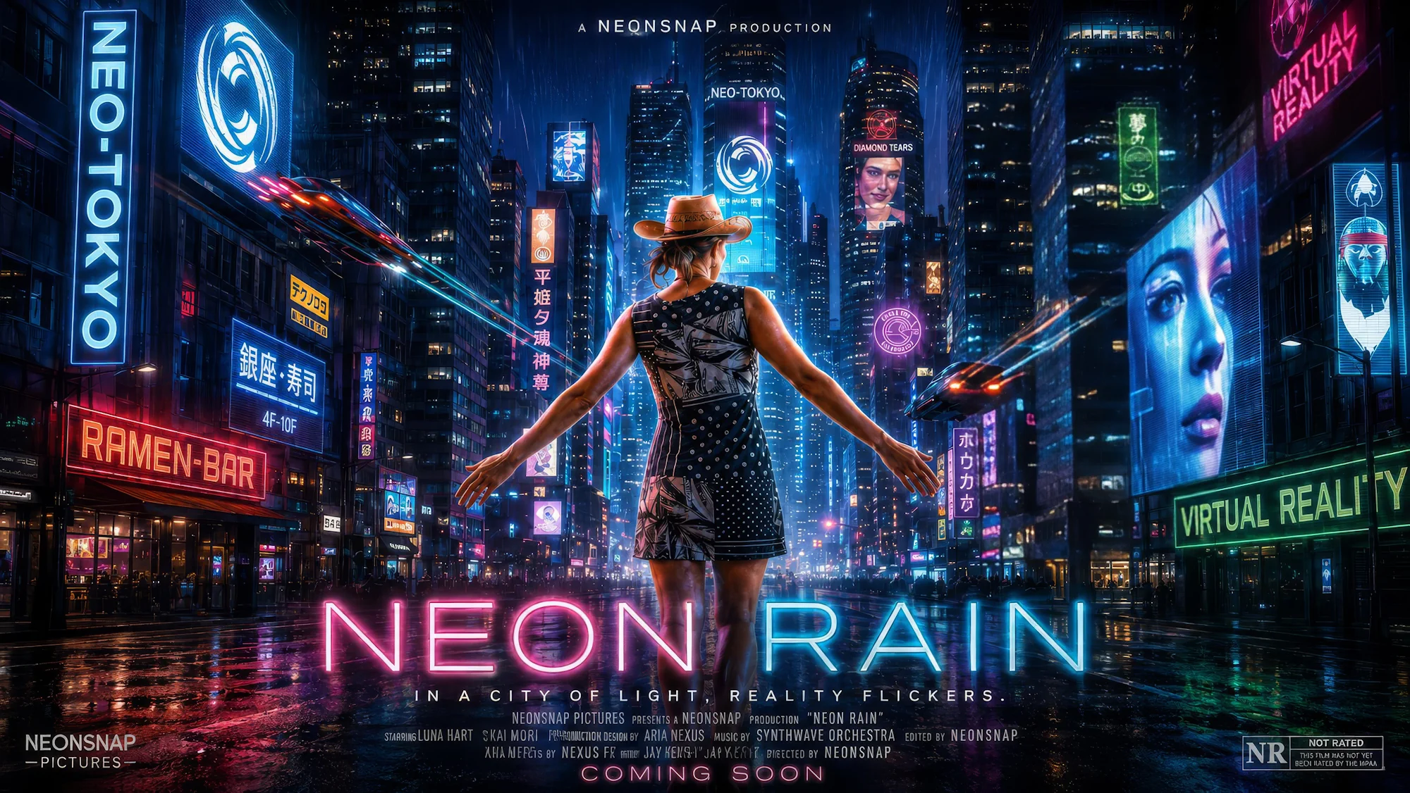 NeonRain, a cyberpunk movie poster created with NeonSnap's AI movie poster generator
