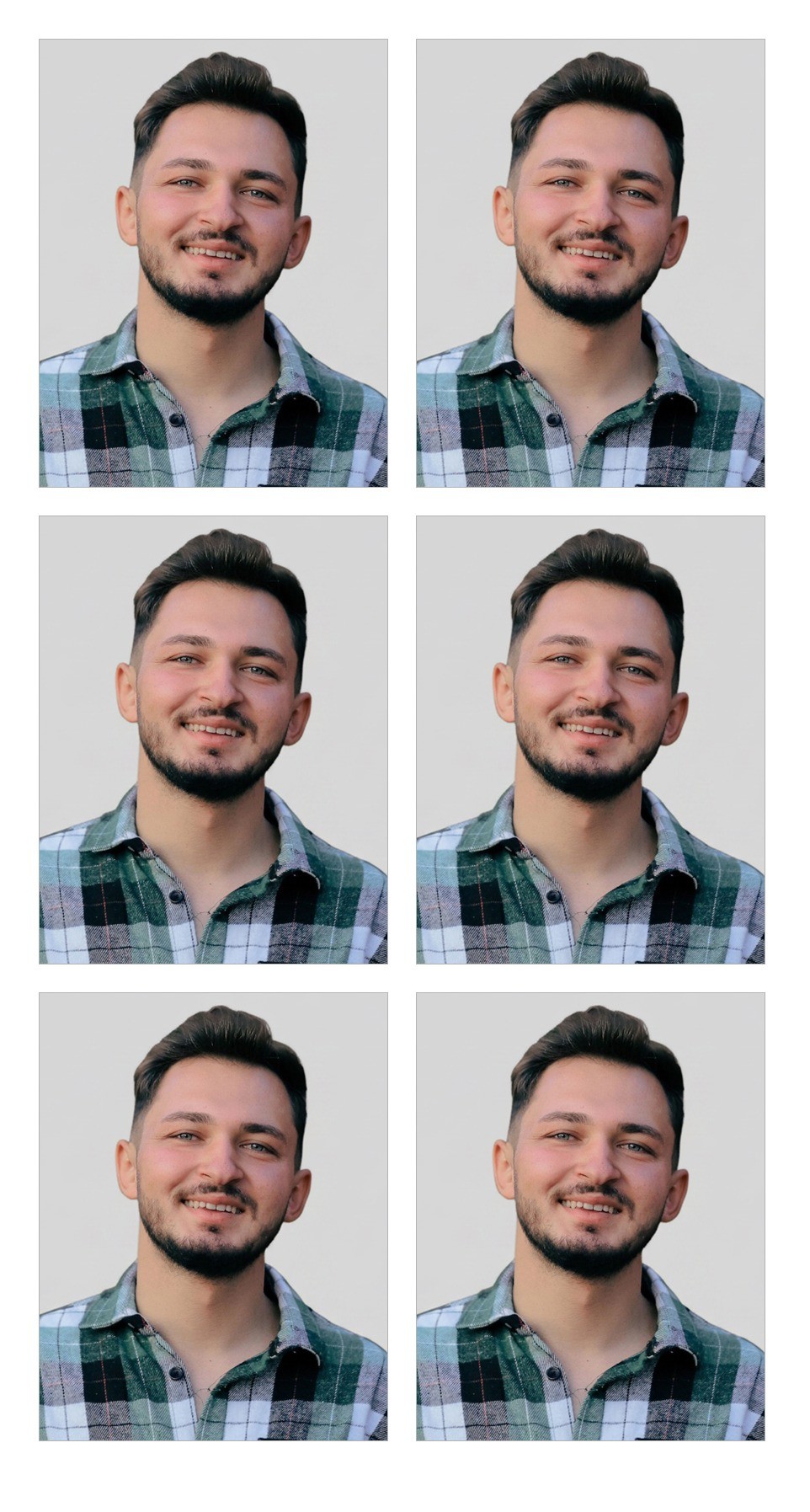 Example passport photo print sheet: six 35 x 45 mm UK passport photos on a 10 x 15 cm print with cut lines